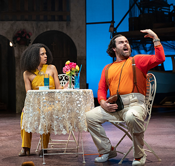 On the left side of the lace tableloth-covered table, set with drinks and a vase of flowers, sits Adriana in a yellow bare-shouldered blouse and pants while across from he, Dromio in his multi-orange sweatshirt and suspender upholding cargo pants, sits in the other chair talking to his left hand which is poised at his eye level like a talking mouth.